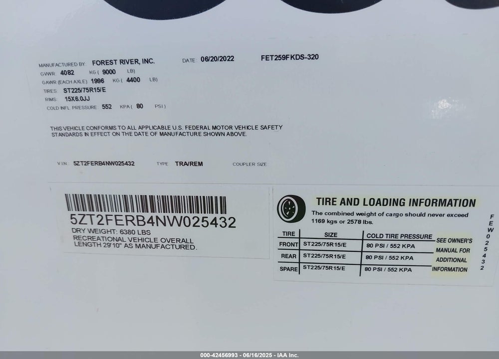 2022 COACHMEN OTHER VIN: 5ZT2FERB4NW025432