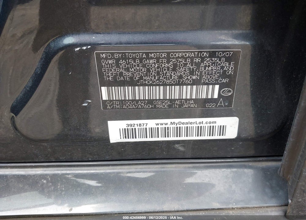 2008 LEXUS IS 250 VIN: JTHCK262785017760