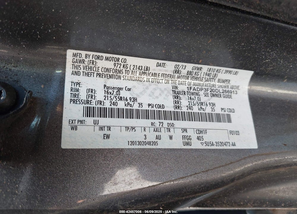 2013 FORD FOCUS SE VIN: 1FADP3F20DL266913