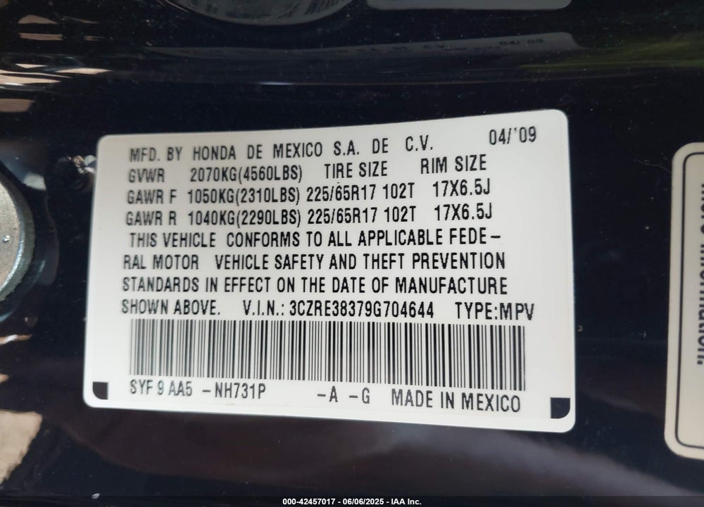 2009 HONDA CR-V VIN: 3CZRE38379G704644