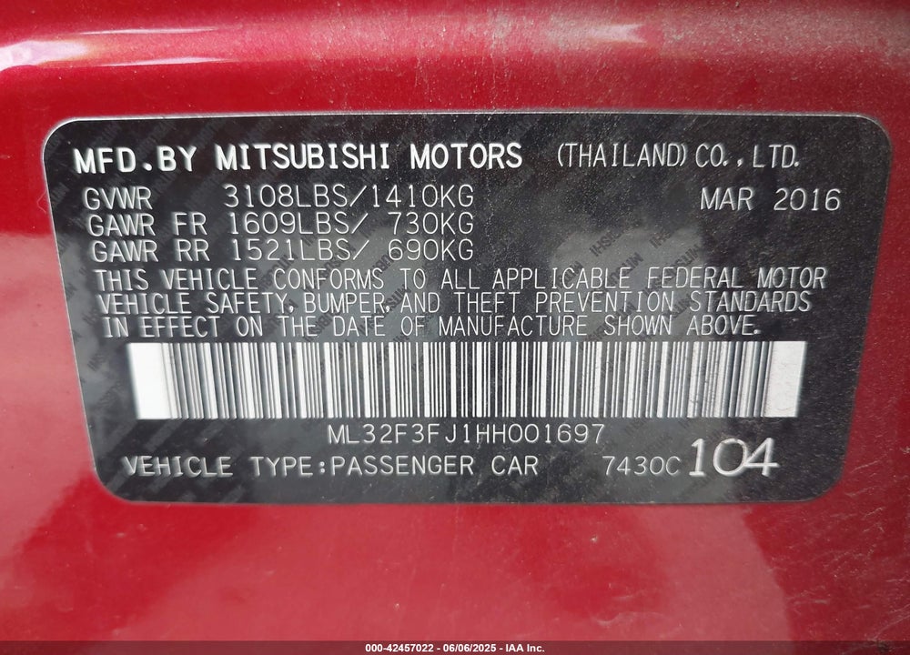 2017 MITSUBISHI MIRAGE G4 ES VIN: ML32F3FJ1HH001697