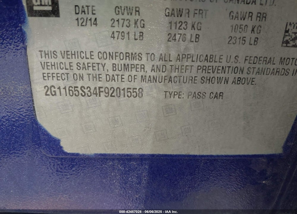 2015 CHEVROLET IMPALA 2LZ VIN: 2G1165S34F9201558