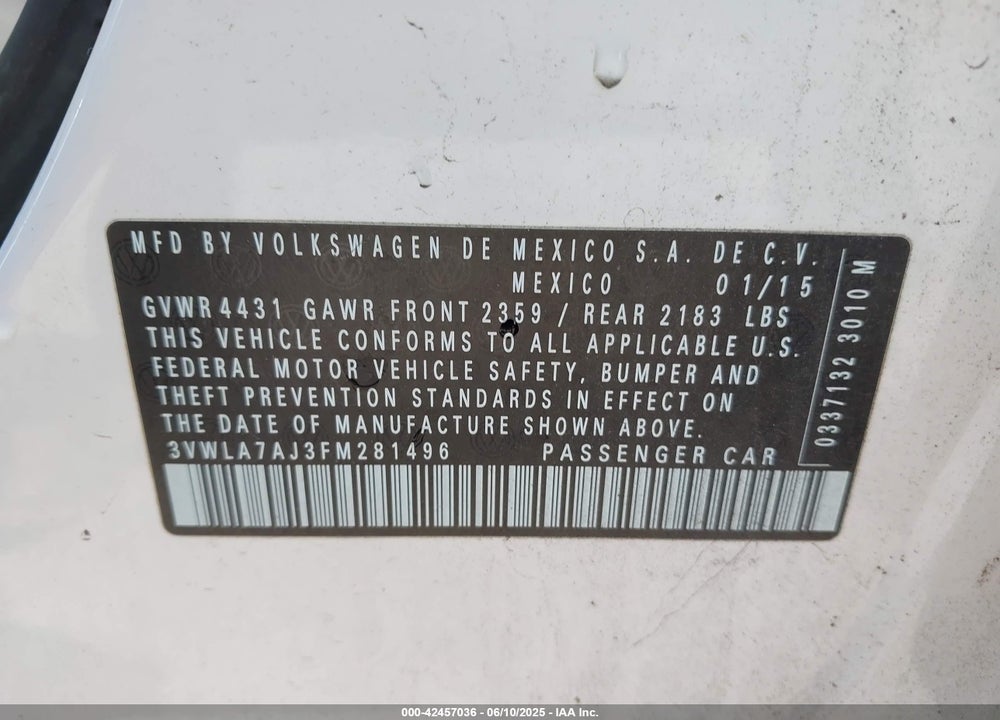2015 VOLKSWAGEN JETTA VIN: 3VWLA7AJ3FM281496