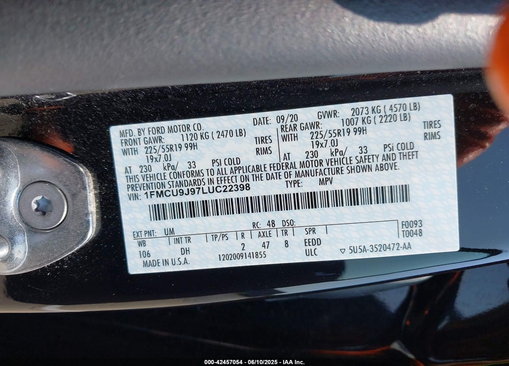 2020 FORD ESCAPE VIN: 1FMCU9J97LUC22398