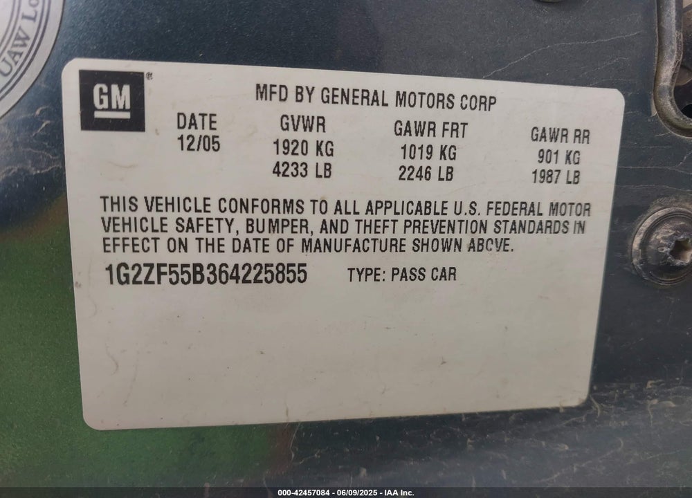 2006 PONTIAC G6 VIN: 1G2ZF55B364225855