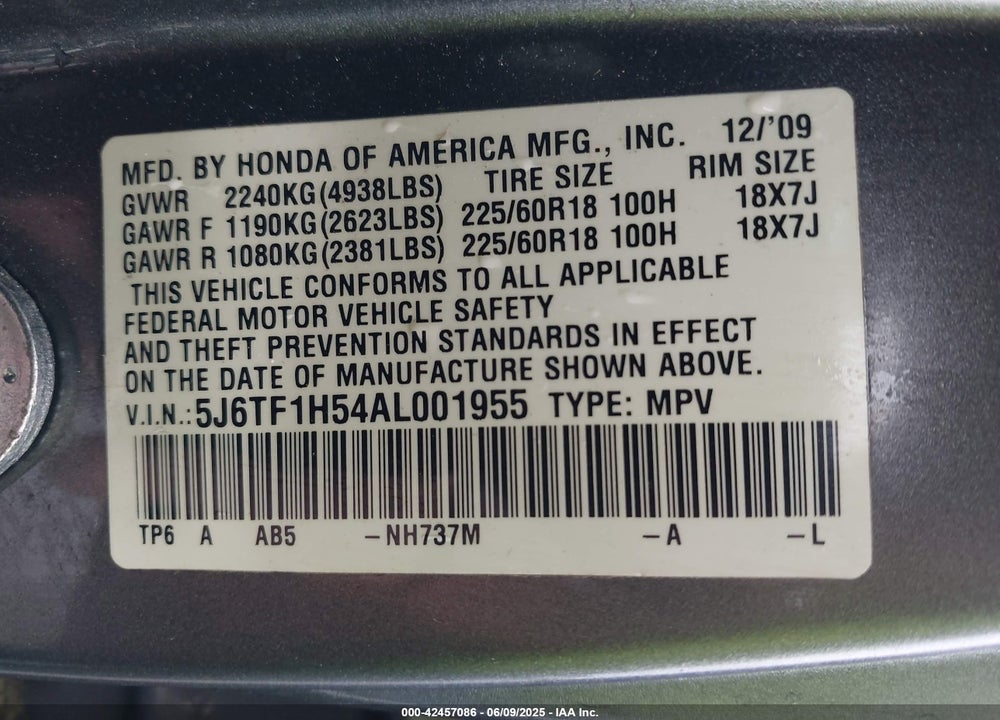 2010 HONDA ACCORD CROSSTOUR EX-L VIN: 5J6TF1H54AL001955