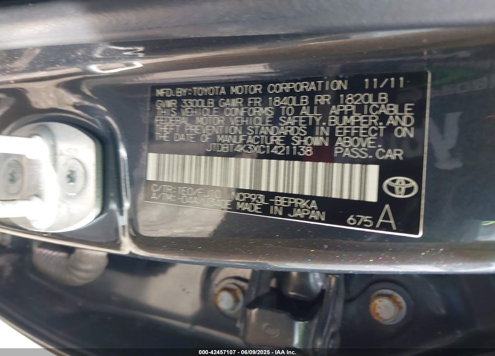 2012 TOYOTA YARIS VIN: JTDBT4K3XC1421138