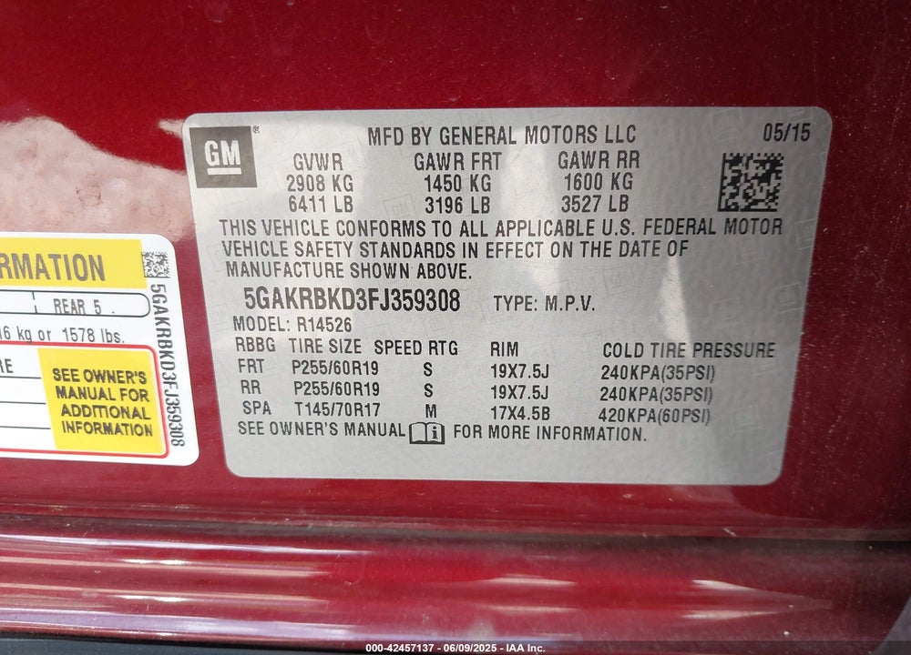 2015 BUICK ENCLAVE VIN: 5GAKRBKD3FJ359308
