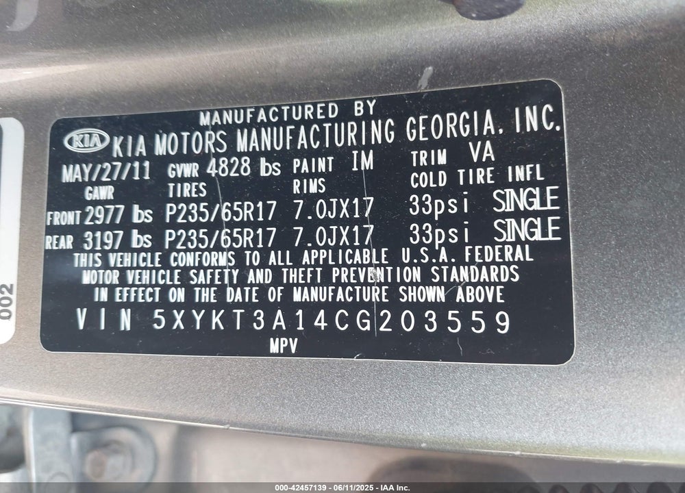 2012 KIA SORENTO LX VIN: 5XYKT3A14CG203559
