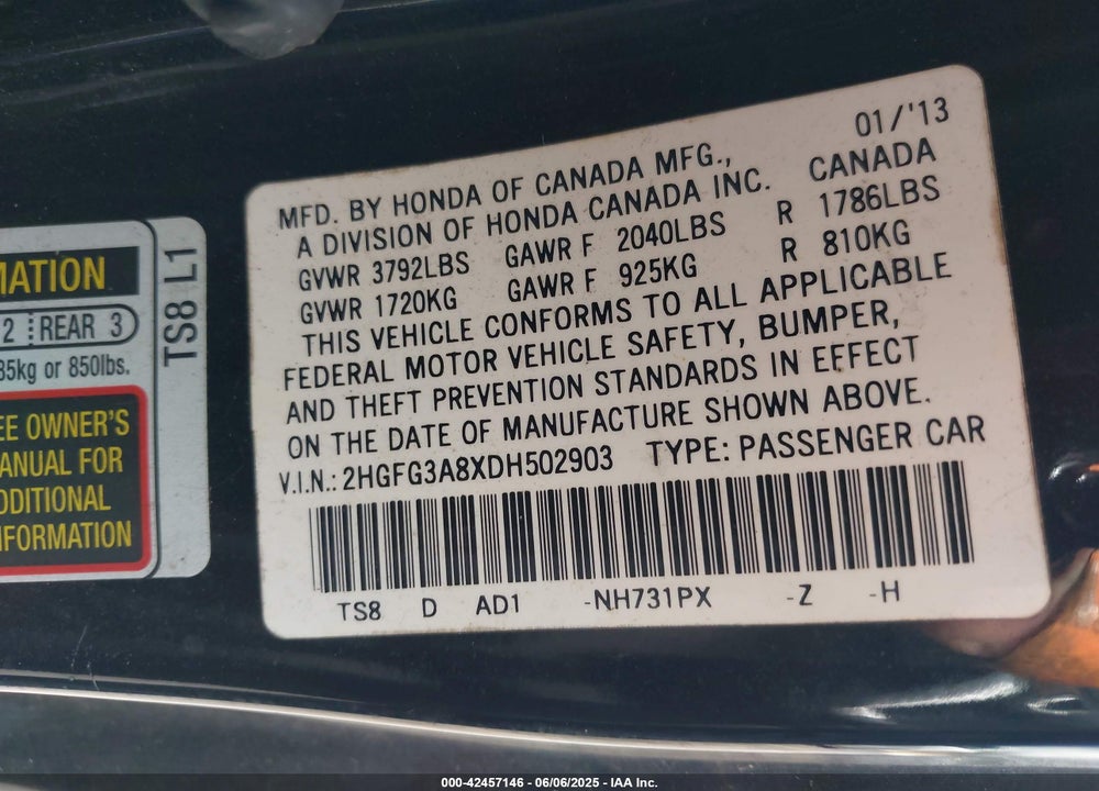 2013 HONDA CIVIC EX VIN: 2HGFG3A8XDH502903