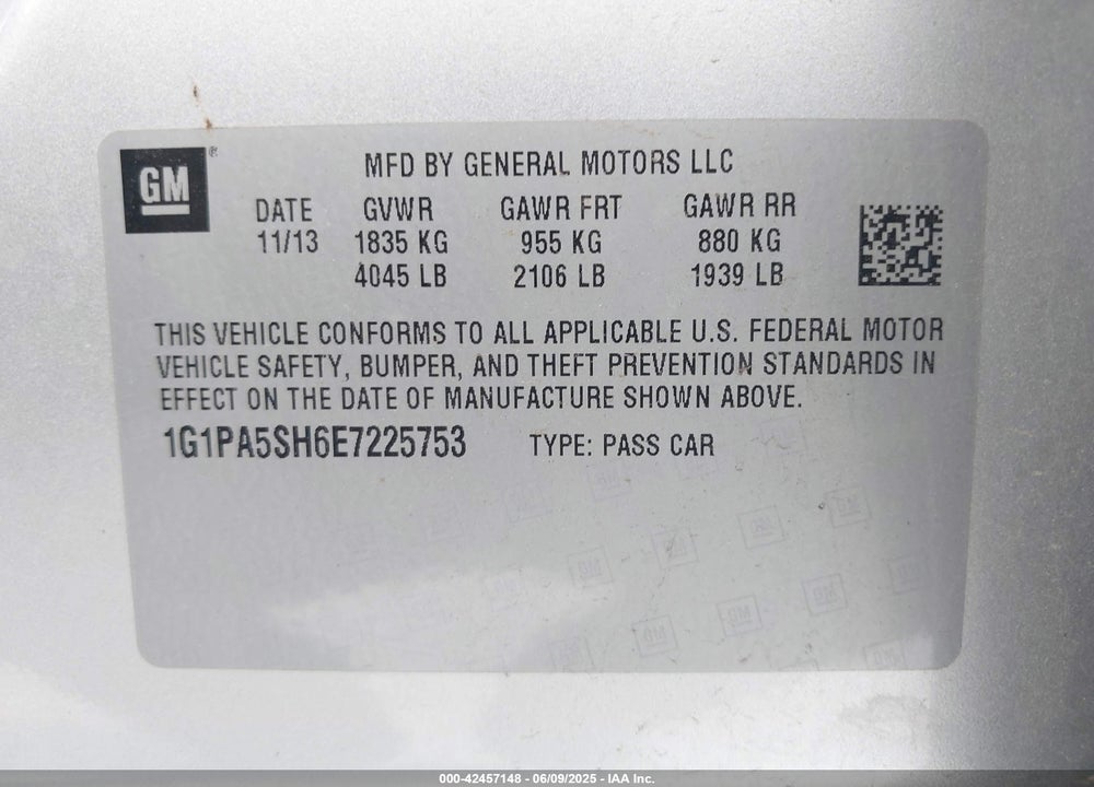 2014 CHEVROLET CRUZE VIN: 1G1PA5SH6E7225753