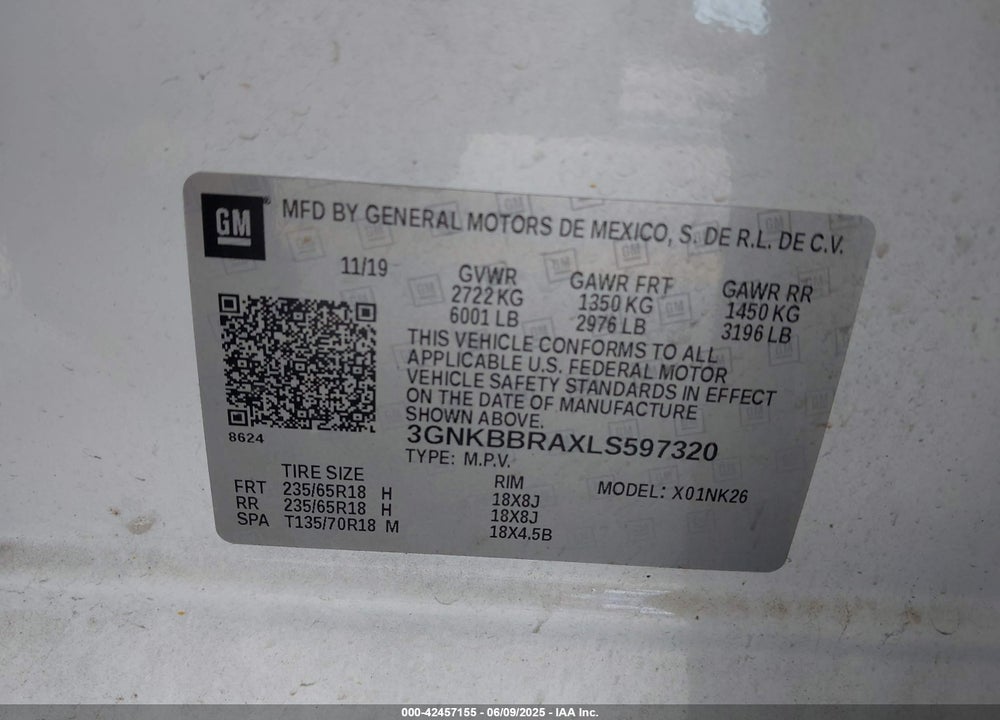 2020 CHEVROLET BLAZER FWD 1LT VIN: 3GNKBBRAXLS597320