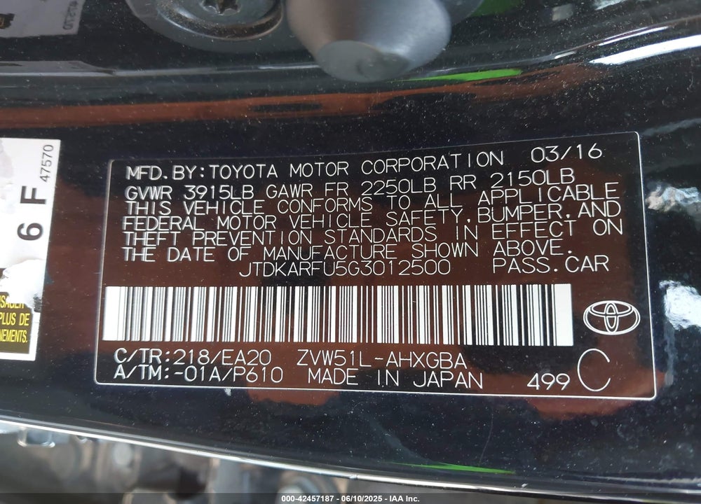 2016 TOYOTA PRIUS VIN: JTDKARFU5G3012500