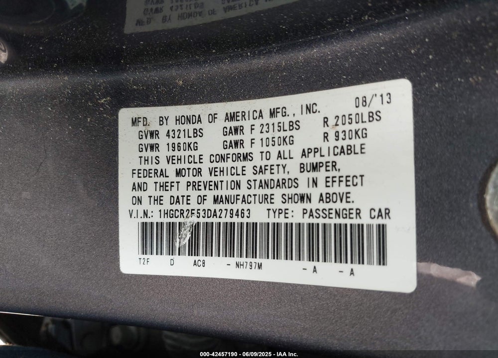 2013 HONDA ACCORD VIN: 1HGCR2F53DA279463