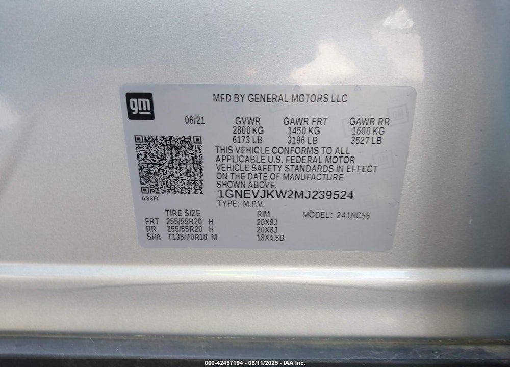 2021 CHEVROLET TRAVERSE VIN: 1GNEVJKW2MJ239524