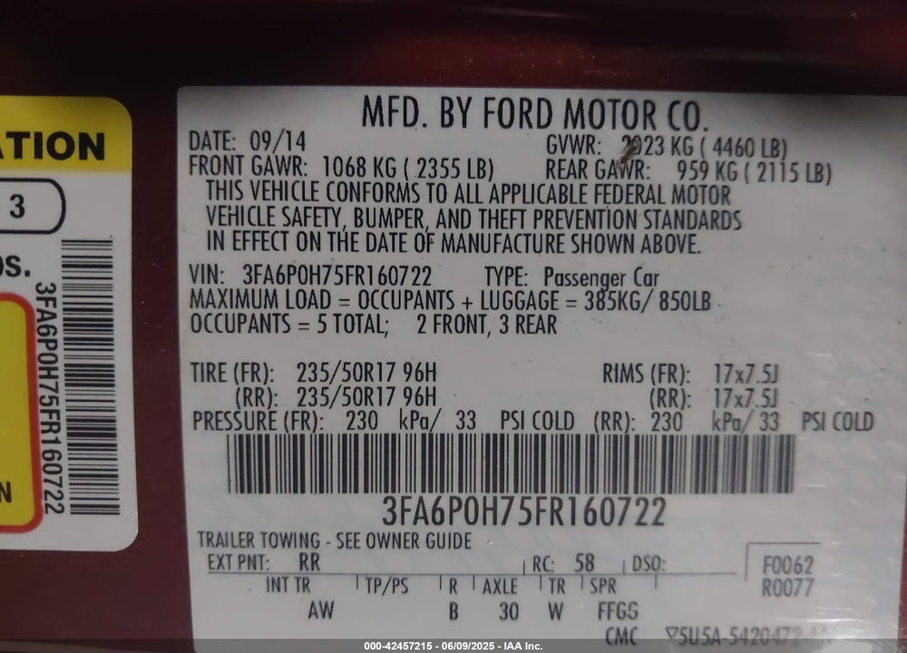 2015 FORD FUSION VIN: 3FA6P0H75FR160722
