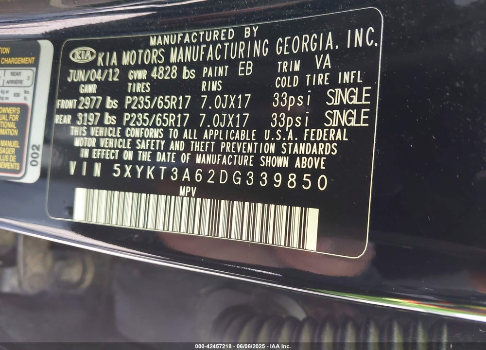 2013 KIA SORENTO VIN: 5XYKT3A62DG339850