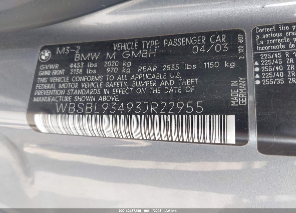 2003 BMW M3 VIN: WBSBL93493JR22955