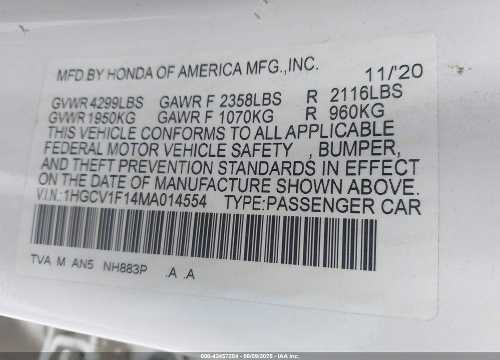 2021 HONDA ACCORD VIN: 1HGCV1F14MA014554