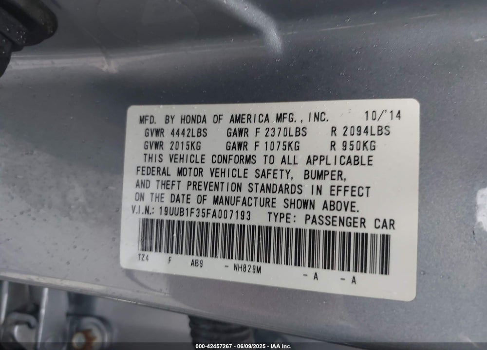 2015 ACURA TLX VIN: 19UUB1F35FA007193