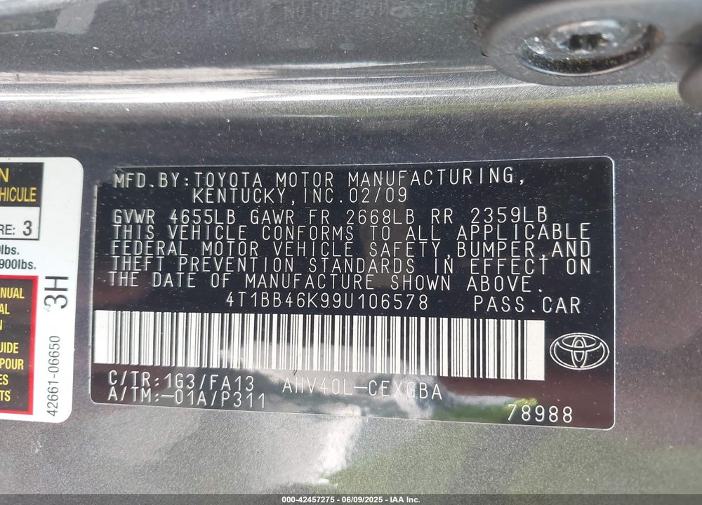2009 TOYOTA CAMRY HYBRID VIN: 4T1BB46K99U106578