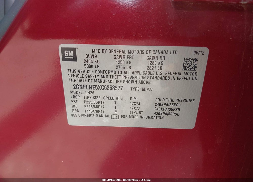 2012 CHEVROLET EQUINOX VIN: 2GNFLNE5XC6368577