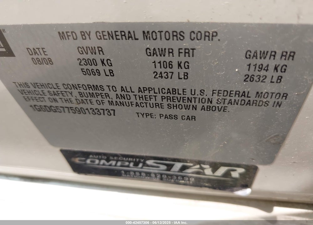 2009 CADILLAC CTS STANDARD VIN: 1G6DG577590133737