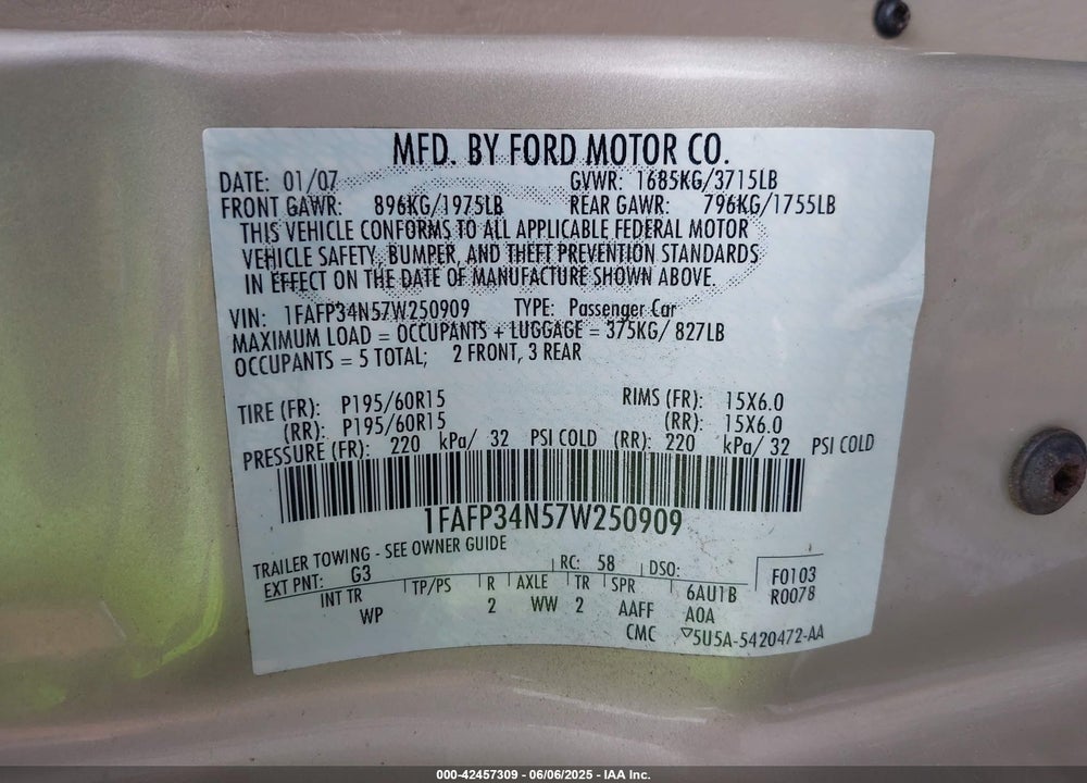 2007 FORD FOCUS VIN: 1FAFP34N57W250909
