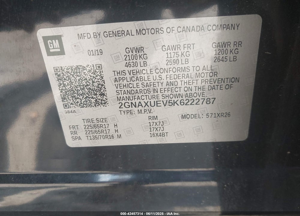 2019 CHEVROLET EQUINOX VIN: 2GNAXUEV5K6222787