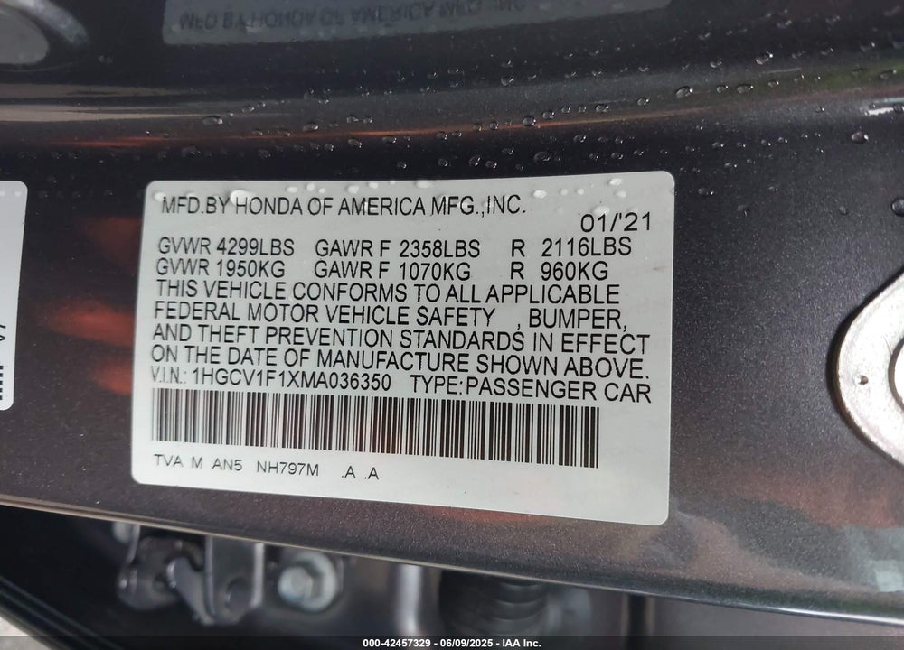 2021 HONDA ACCORD VIN: 1HGCV1F1XMA036350