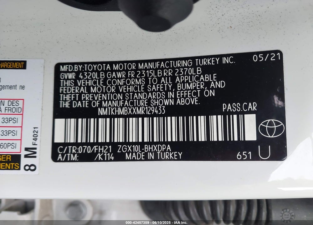 2021 TOYOTA C-HR VIN: NMTKHMBXXMR129433