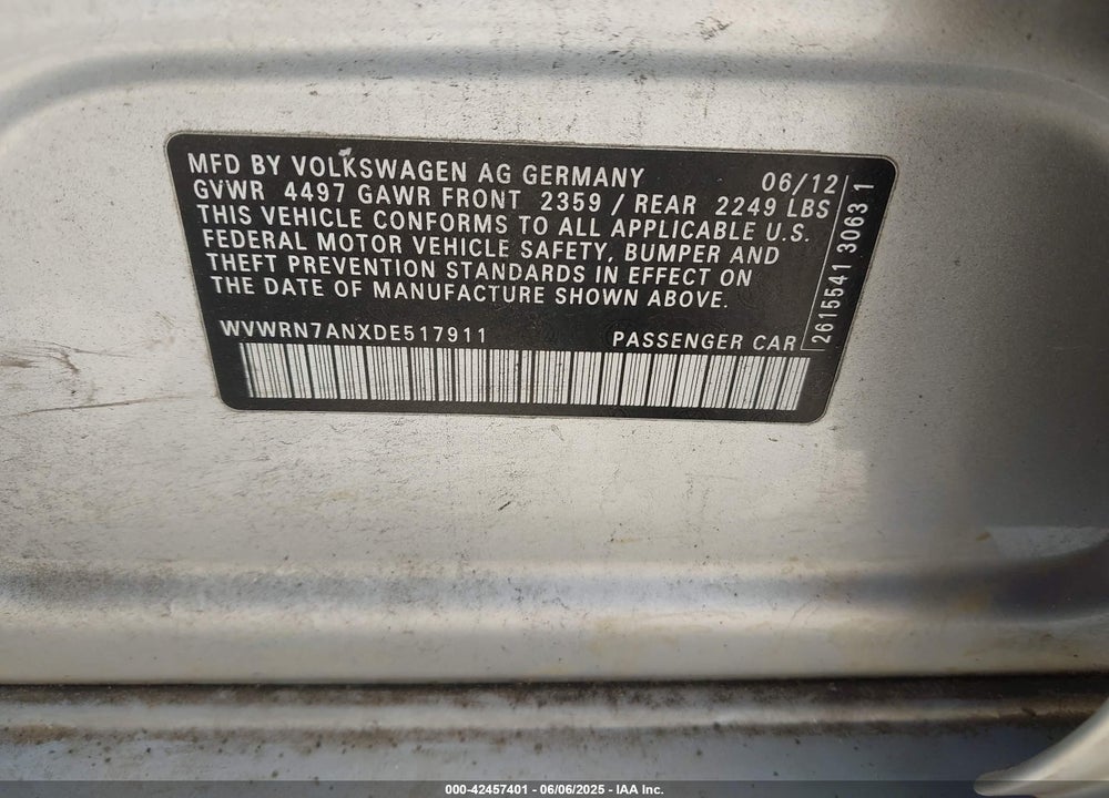 2013 VOLKSWAGEN CC VIN: WVWRN7ANXDE517911