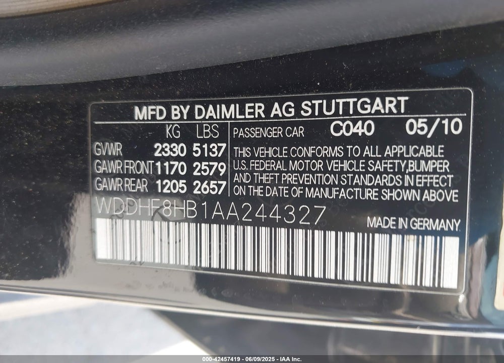 2010 MERCEDES-BENZ E-CLASS VIN: WDDHF8HB1AA244327
