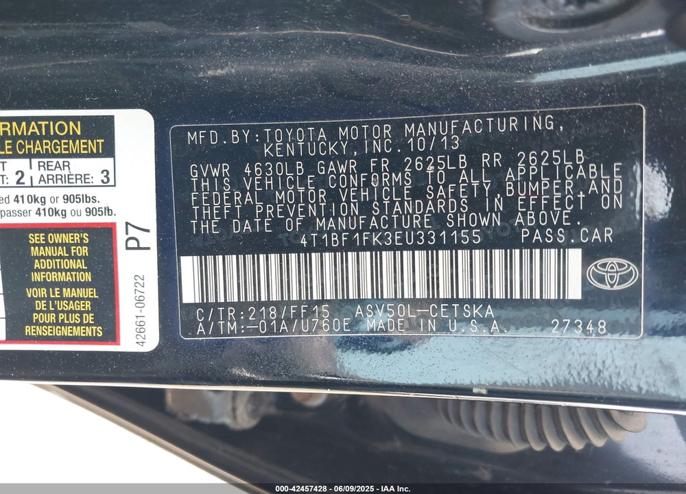 2014 TOYOTA CAMRY SE VIN: 4T1BF1FK3EU331155
