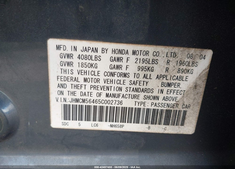2005 HONDA ACCORD 2.4 LX VIN: JHMCM56465C002736