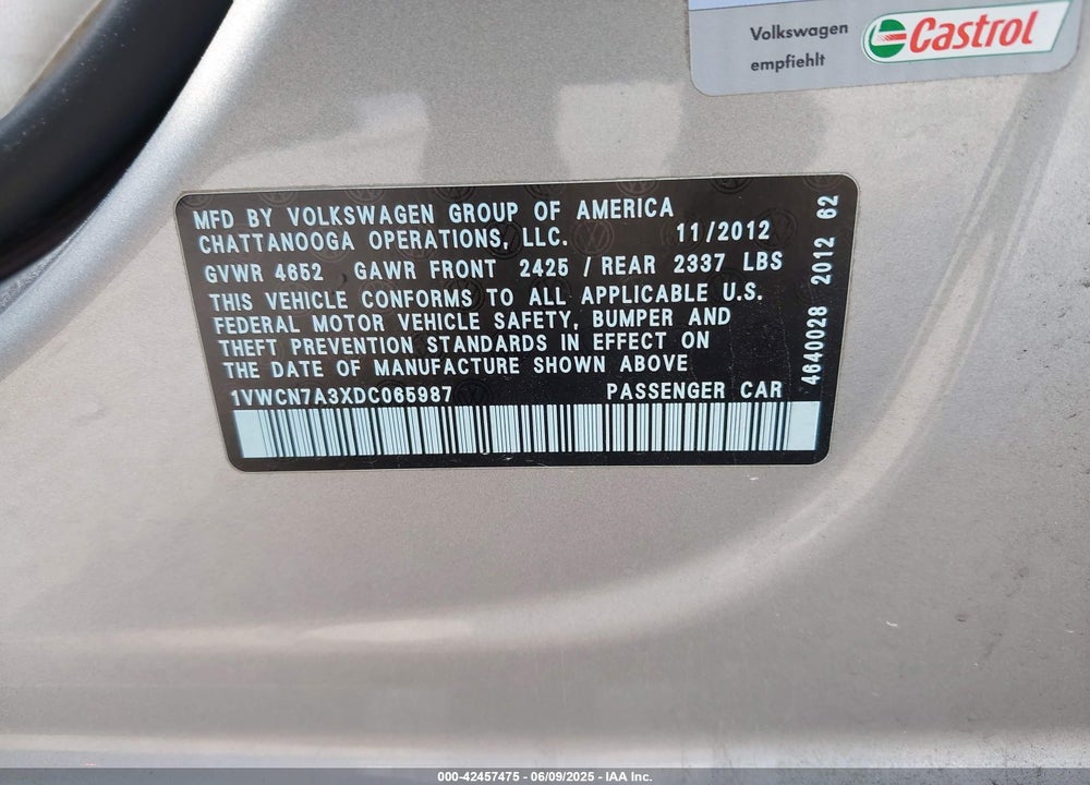 2013 VOLKSWAGEN PASSAT 2.0L TDI SEL PREMIUM VIN: 1VWCN7A3XDC065987