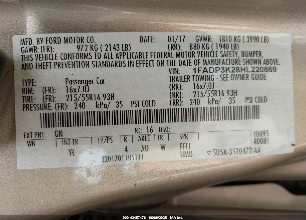 2017 FORD FOCUS VIN: 1FADP3K28HL220869