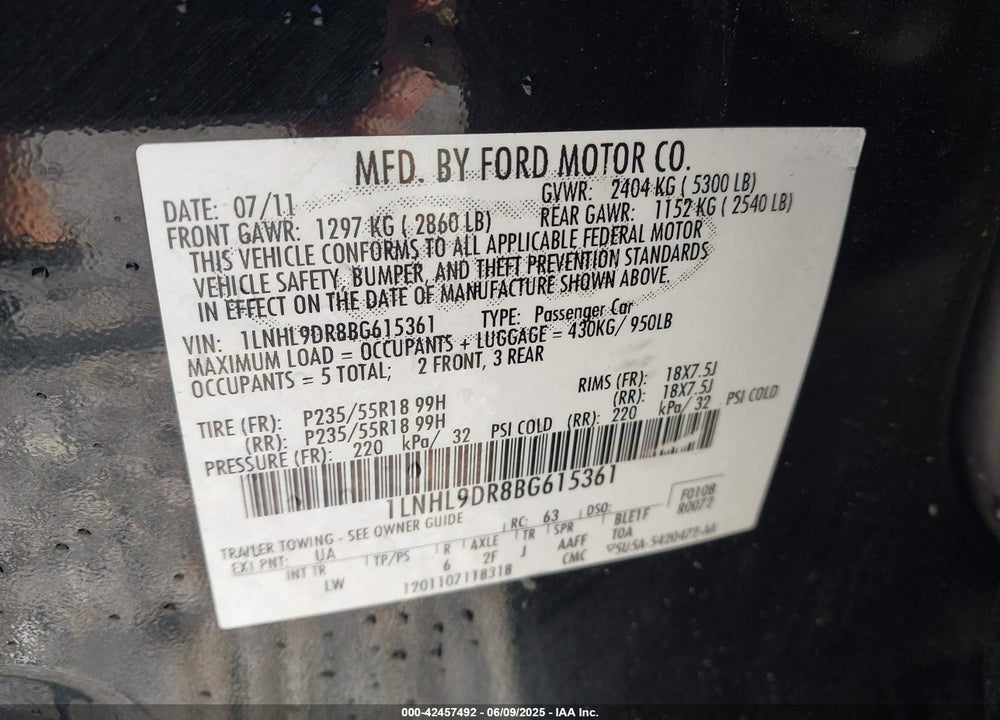 2011 LINCOLN MKS VIN: 1LNHL9DR8BG615361