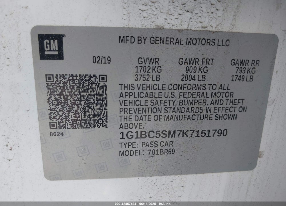 2019 CHEVROLET CRUZE VIN: 1G1BC5SM7K7151790