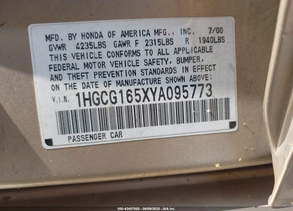 2000 HONDA ACCORD VIN: 1HGCG165XYA095773