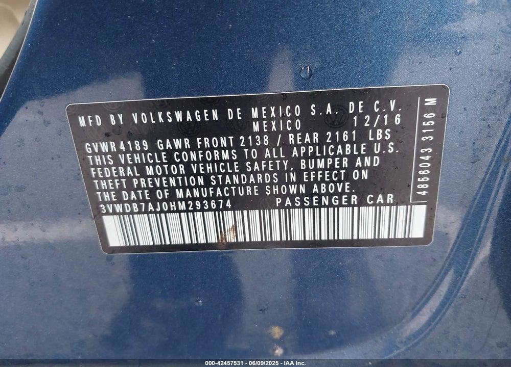 2017 VOLKSWAGEN JETTA VIN: 3VWDB7AJ0HM293674