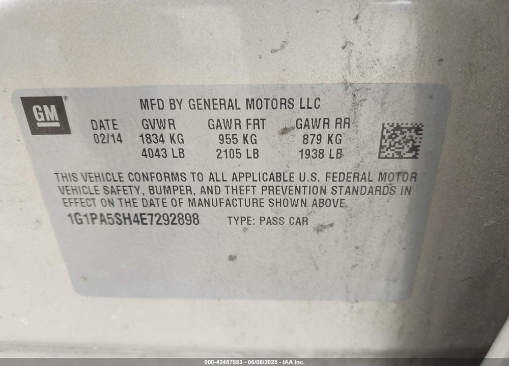 2014 CHEVROLET CRUZE VIN: 1G1PA5SH4E7292898