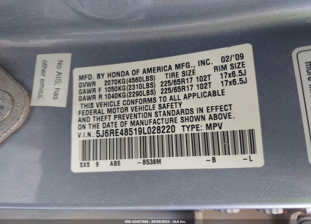 2009 HONDA CR-V EX VIN: 5J6RE48519L028220