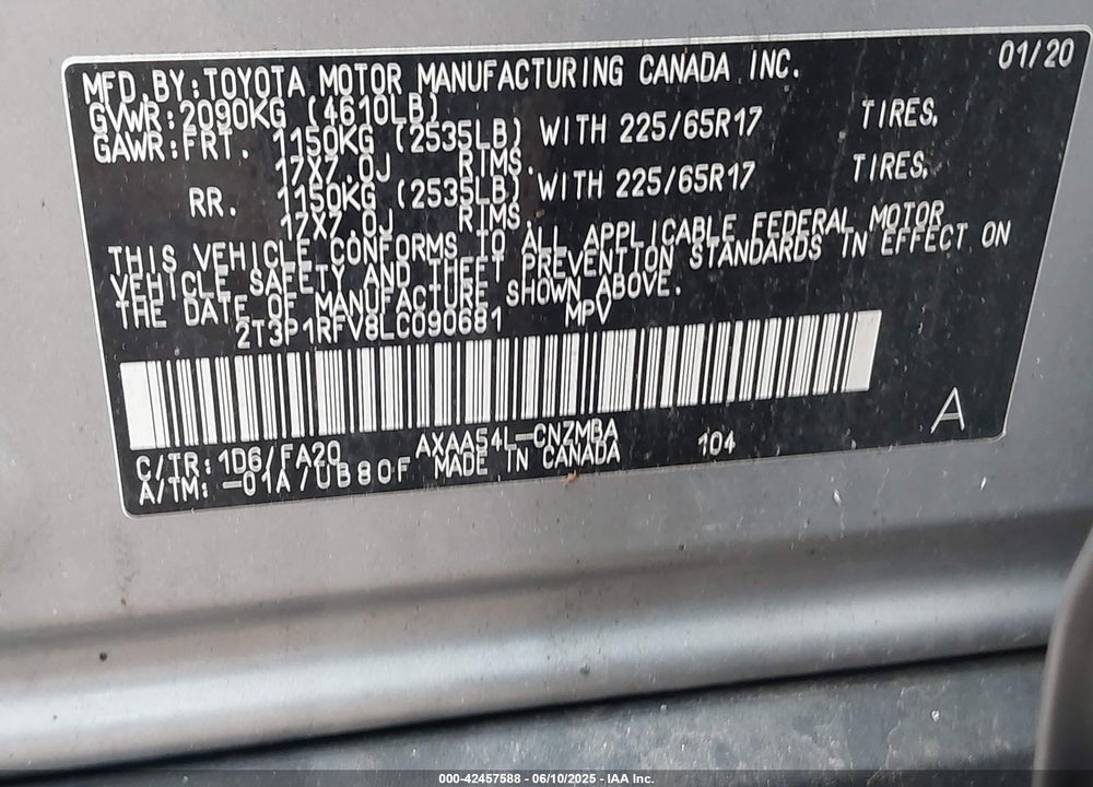 2020 TOYOTA RAV4 VIN: 2T3P1RFV8LC090681