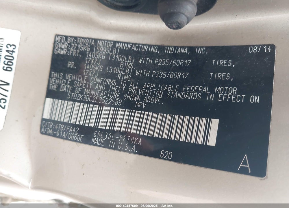 2014 TOYOTA SIENNA L V6 7 PASSENGER VIN: 5TDZK3DC2ES522589