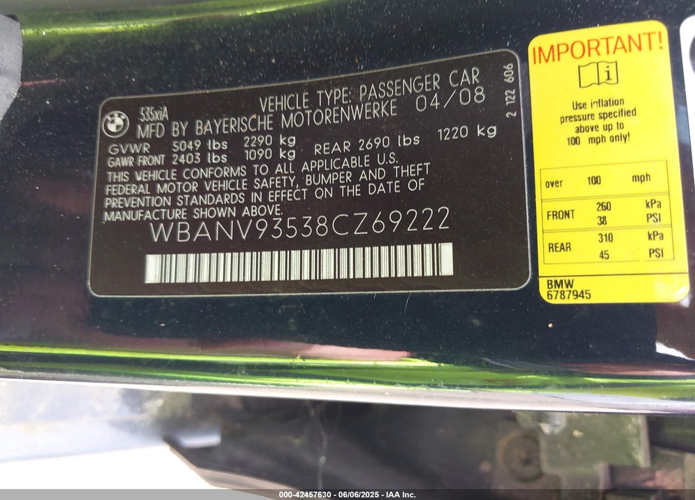 2008 BMW 5 SERIES VIN: WBANV93538CZ69222