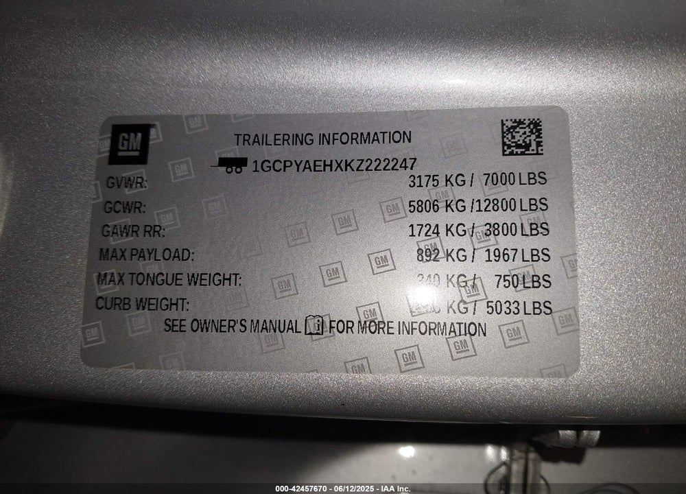 2019 CHEVROLET SILVERADO VIN: 1GCPYAEHXKZ222247