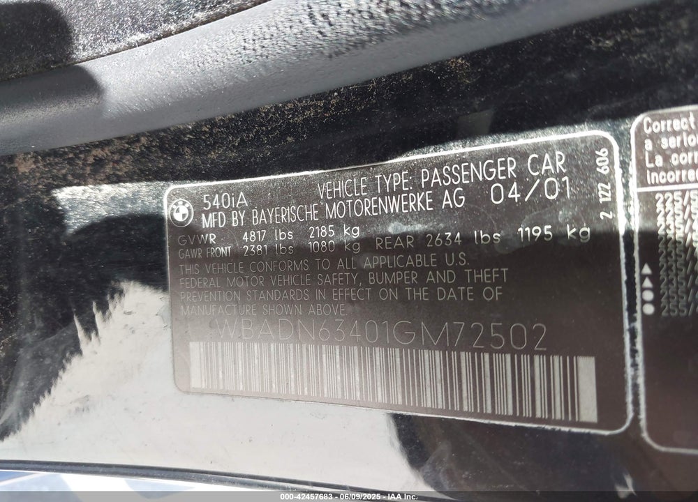 2001 BMW 540IA VIN: WBADN63401GM72502