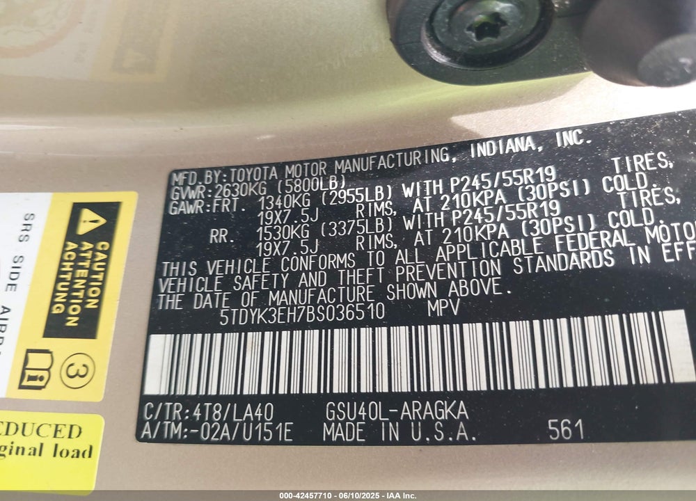 2011 TOYOTA HIGHLANDER VIN: 5TDYK3EH7BS036510