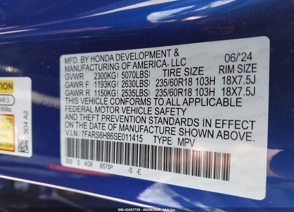 2025 HONDA CR-V HYBRID VIN: 7FARS6H86SE011415